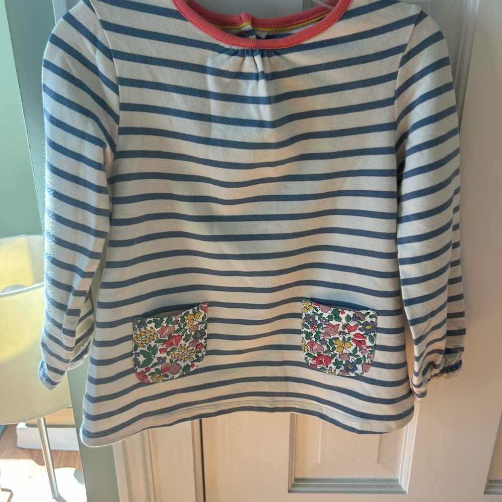 Baby Boden Blue Striped Long Sleeve Tee with Floral Pockets